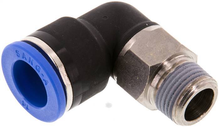 Racor rápido de 90 grados 14mm x R3/8'' con rosca macho Latón/PA 66 NBR de manguito corto giratorio