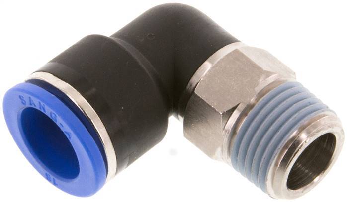 Racor a presión de 16mm x R1/2'' de 90 grados con rosca macho Latón/PA 66 NBR de manguito corto giratorio