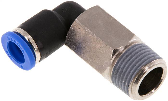 Racor a presión de 8mm x R3/8'' de 90 grados con rosca macho Latón/PA 66 NBR Manguito largo giratorio