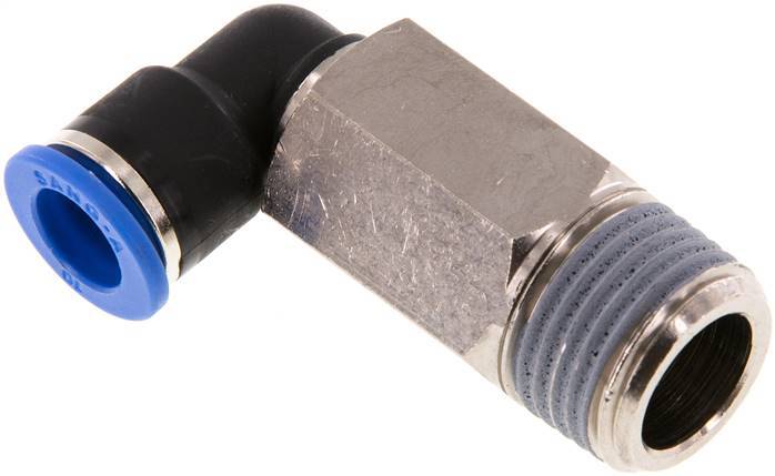 Racor rápido de 90 grados de 10 mm x R1/2'' con rosca macho Latón/PA 66 NBR de manguito largo giratorio