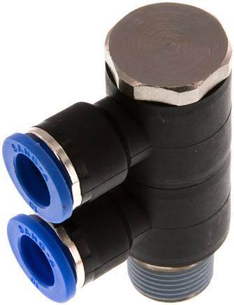 10mm x R3/8'' 2-way Manifold Push-in Fitting with Male Threads Brass/PA 66 NBR Rotatable