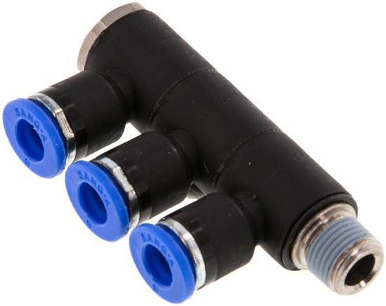 6mm x R1/8'' 3-way Manifold Push-in Fitting with Male Threads Brass/PA 66 NBR Rotatable