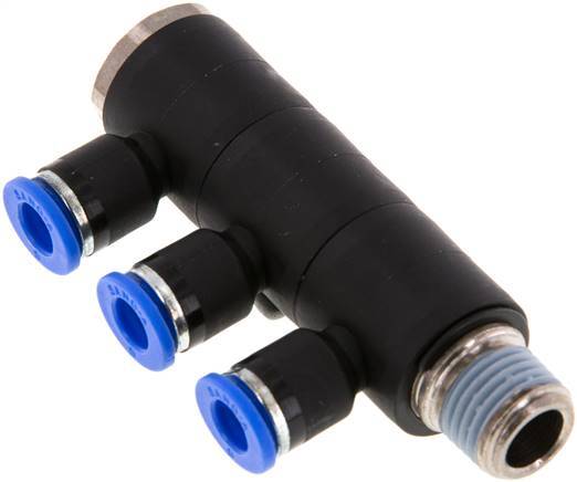 6mm x R1/4'' 3-way Manifold Push-in Fitting with Male Threads Brass/PA 66 NBR Rotatable