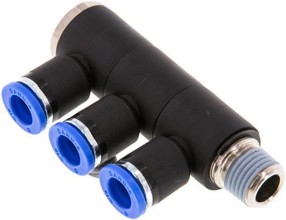 Racor rápido de 3 vías de 8 mm x R1/4'' con rosca macho Latón/PA 66 NBR Giratorio