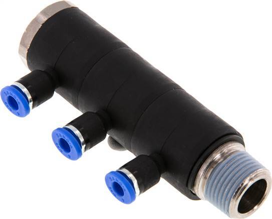 Racor rápido de 3 vías de 4mm x R3/8'' con rosca macho Latón/PA 66 NBR Giratorio