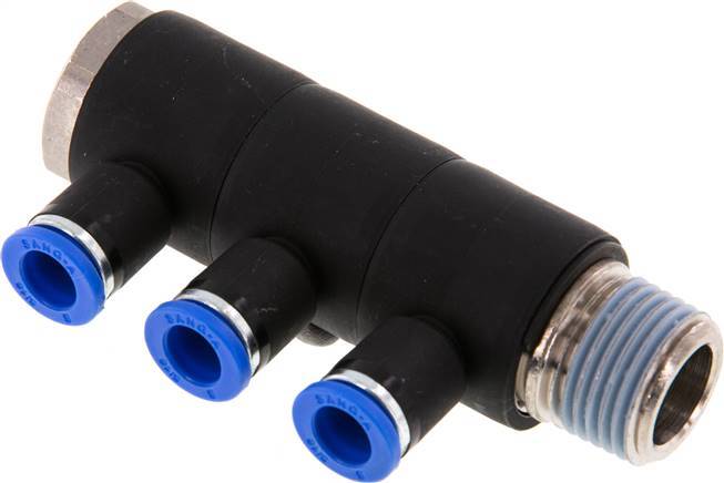 8mm x R1/2'' 3-way Manifold Messing/PA 66 Insteekfitting Buitendraad Draaibaar NBR
