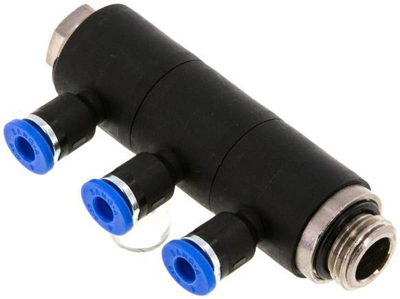 raccord enfichable 3 voies pour collecteur 4mm x G1/4'' avec filetage mâle laiton/PA 66 NBR rotatif