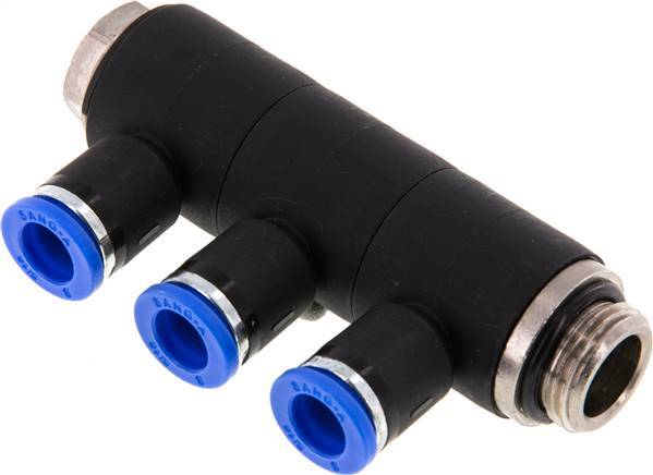 Racor rápido de 3 vías de 8 mm x G3/8'' con rosca macho Latón/PA 66 NBR Giratorio