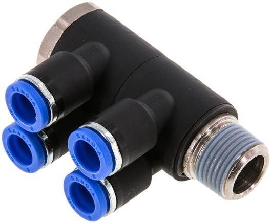 Racor rápido de 4 vías de 8mm x R3/8'' con rosca macho Latón/PA 66 NBR Giratorio