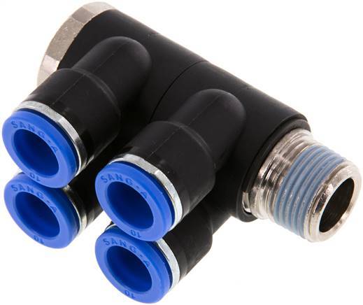 Racor rápido de 4 vías de 10 mm x R3/8'' con rosca macho Latón/PA 66 NBR Giratorio
