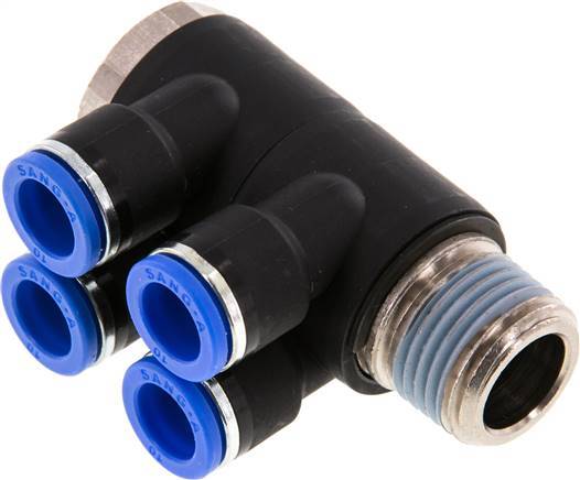 Racor rápido de 4 vías de 10 mm x R1/2'' con rosca macho Latón/PA 66 NBR Giratorio