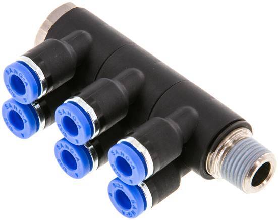 4mm x R1/8'' Manifold à 6 voies avec filetage mâle Laiton/PA 66 NBR Rotatif