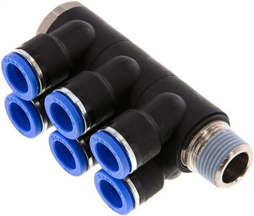 Racor rápido de 6 vías de 10 mm x R3/8'' con rosca macho Latón/PA 66 NBR Giratorio