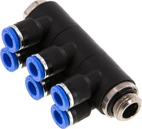 6mm x G1/4'' 6-way Manifold Push-in Fitting with Male Threads Brass/PA 66 NBR Rotatable