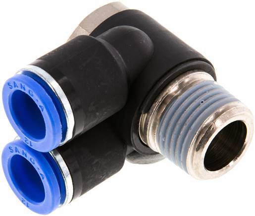 raccord enfichable double coude 90deg 12mm x R1/2'' avec filetage mâle laiton/PA 66 NBR rotatif