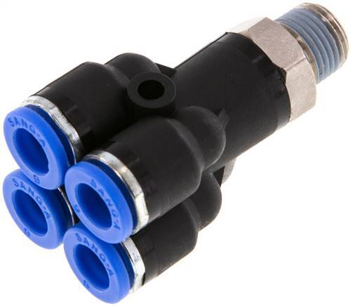 6mm x R1/8'' 4-way Y Manifold Push-in Fitting with Male Threads Brass/PA 66 NBR Rotatable