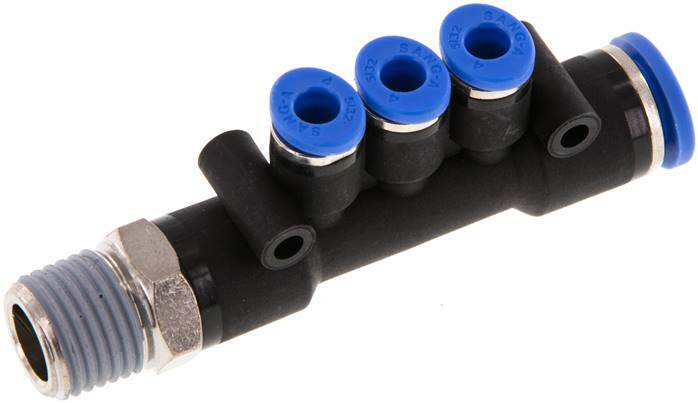 4mm x 8mm x R1/4'' Manifold à 3 voies avec filetage mâle Laiton/PA 66 NBR Rotatif