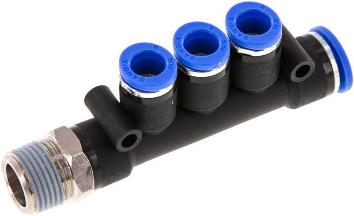8mm x 10mm x R3/8'' Manifold à 3 voies avec filetage mâle Laiton/PA 66 NBR Rotatif
