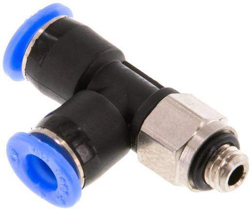 Racor en T de ángulo recto de 4 mm x M 5 con rosca macho Latón/PBT NBR Giratorio Diseño compacto