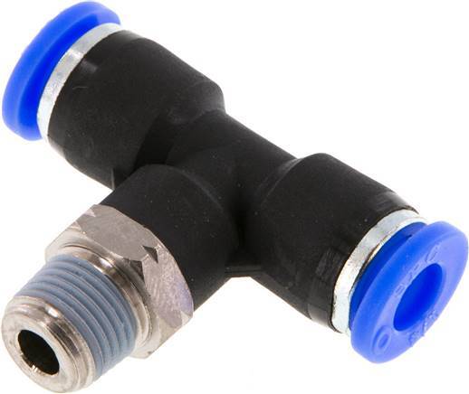 1/4'' x 1/8'' NPT Inline Tee Push-in Fitting with Male Threads Brass/PBT NBR Rotatable