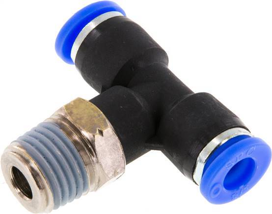 1/4'' x 1/4'' NPT Inline Tee Push-in Fitting with Male Threads Brass/PBT NBR Rotatable