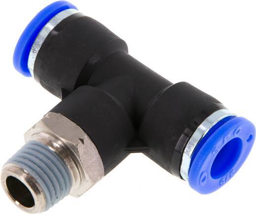 3/8'' x 1/4'' NPT Inline Tee Push-in Fitting with Male Threads Brass/PBT NBR Rotatable