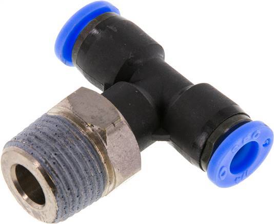 1/4'' x 3/8'' NPT Inline Tee Push-in Fitting with Male Threads Brass/PBT NBR Rotatable