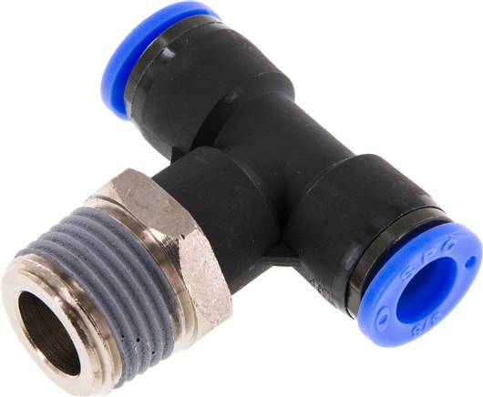 3/8'' x 1/2'' NPT Inline Tee Push-in Fitting with Male Threads Brass/PBT NBR Rotatable