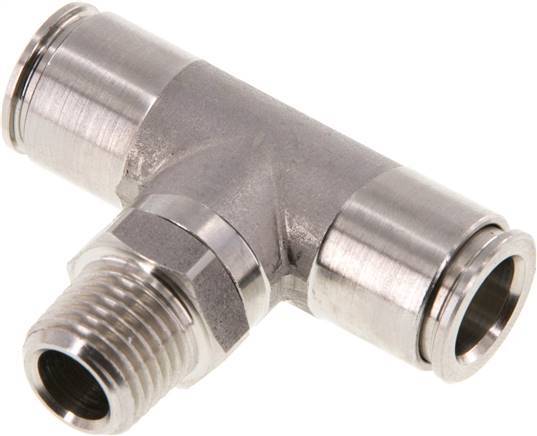 10mm x R1/4'' Inline Tee Push-in Fitting with Male Threads Stainless Steel FKM Rotatable