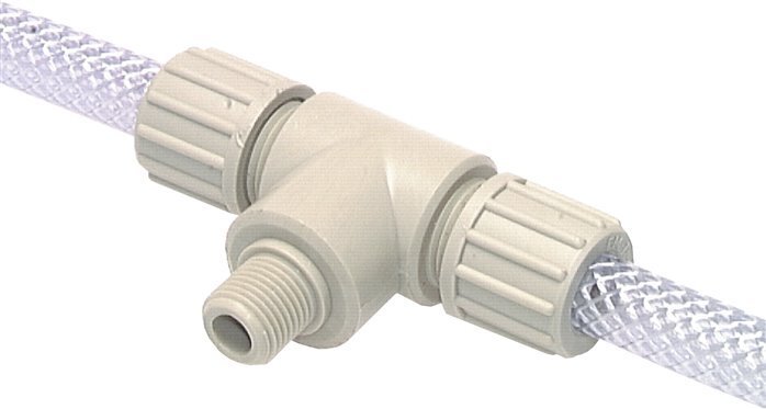 16x10mm & G1/4'' PP T-Shape Tee Compression Fitting with Male Threads 10 bar PVC and PA