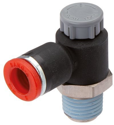 Válvula de control de flujo Codo de medición 6 mm - R3/8'' Latón/PA 66 Tuerca de seguridad