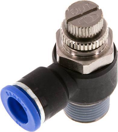 Coude de sortie de compteur du silencieux Flow Control 10 mm - R3/8'' laiton/PA 66