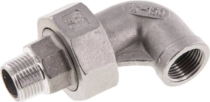 Raccord union coudé 90deg 3/8'' Mâle R x Femelle Rp Acier inoxydable Joint plat PTFE 16bar (224.8psi)