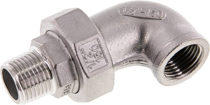 Raccord union coudé 90deg 1/2'' Mâle R x Femelle Rp Acier inoxydable Joint plat PTFE 16bar (224.8psi)