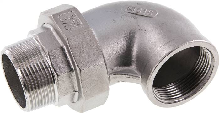 Conector de unión en ángulo de 90 grados 1 1/4'' macho R x hembra Rp Acero inoxidable Junta plana PTFE 16bar (224.8psi)