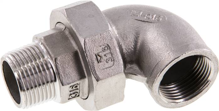 90deg Angled Union Connector 3/4'' Male R x Female Rp Stainless Steel Flat Seal PTFE 16bar (224.8psi)