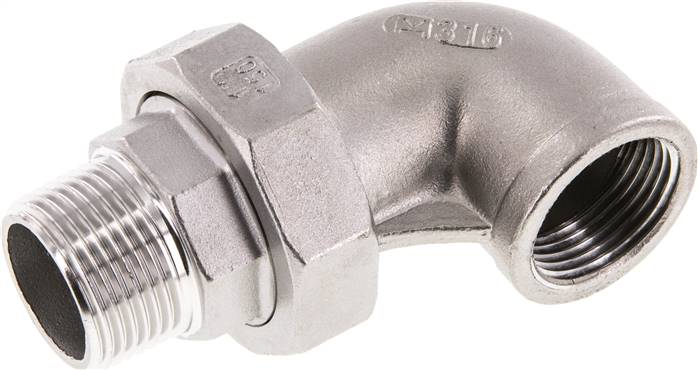 90deg Angled Union Connector 1'' Male R x Female Rp Stainless Steel Flat Seal PTFE 16bar (224.8psi)