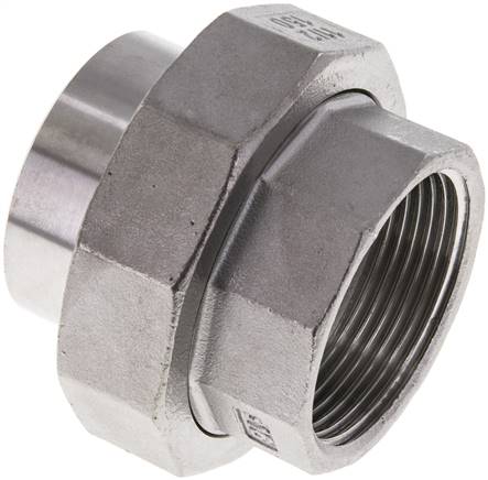 Racor recto de unión Rp1 1/2'' Hembra x 48,3mm Extremo para soldar Acero inoxidable Junta plana PTFE 150bar (2107,5psi)