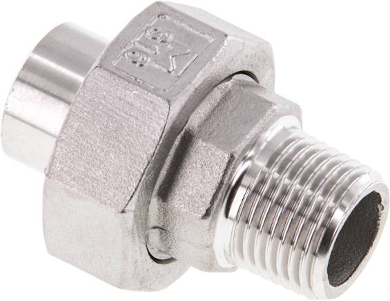 Racor recto de unión R1/2'' Macho x 21,3mm Extremo para soldar Acero inoxidable Junta plana PTFE 16bar (224,8psi)