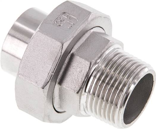 Racor recto de unión R1'' Macho x 33,7mm Extremo para soldar Acero inoxidable Junta plana PTFE 16bar (224,8psi)