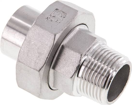 Racor recto de unión R3/4'' Macho x 26,9 mm Extremo para soldar Acero inoxidable Junta plana PTFE 16bar (224,8psi)