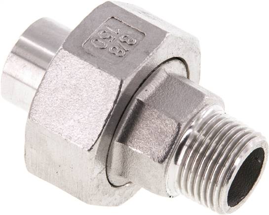 Racor recto de unión R3/8'' Macho x 17,2mm Extremo para soldar Acero inoxidable Junta plana PTFE 16bar (224,8psi)