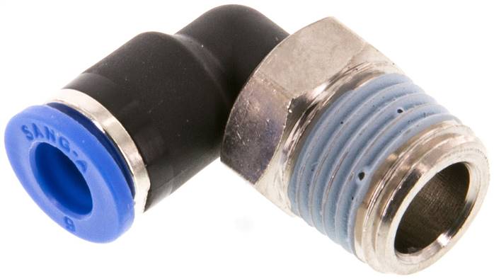 Raccord enfichable coudé à 90° 6mm x R1/4'' avec filetage mâle laiton/PA 66 NBR à manchon court rotatif [2 pièces].