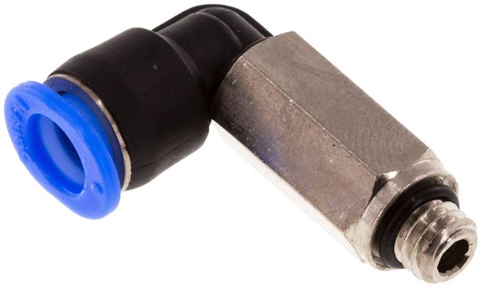 Raccord enfichable coudé à 90 degrés 6mm x M 6 avec filetage mâle laiton/PBT NBR à longue durée de vie, rotatif et compact [2 pièces].