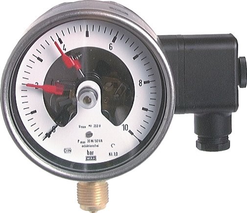 Contactmanometer 1NC/2NO 0..25bar (363psi) Roestvrij staal/Messing 100mm Klasse 1 Onder Aansluiting