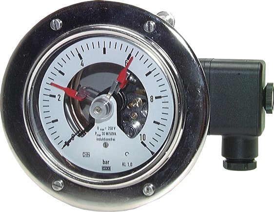 Contactmanometer 1NC/2NO 0..16bar (232psi) Roestvrij staal/Messing 100mm Klasse 1 Achteraansluiting