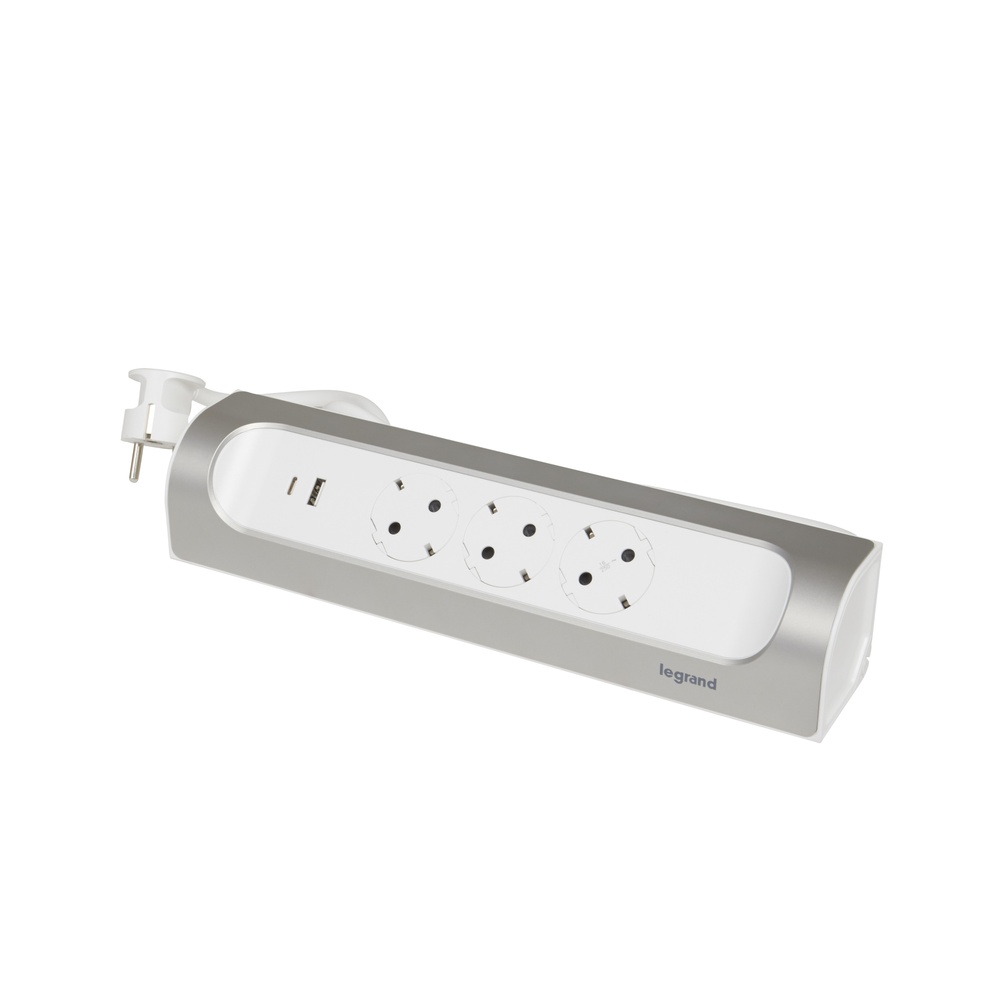 Legrand 90 Degree Mountable Socket 3X2P+A USB A+C 1M Aluminum (European Socket) - 694502