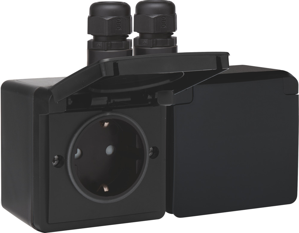 Dual Horizontal IP44 Socket Outlet 16A 250V Black (European Socket) - 761-37836