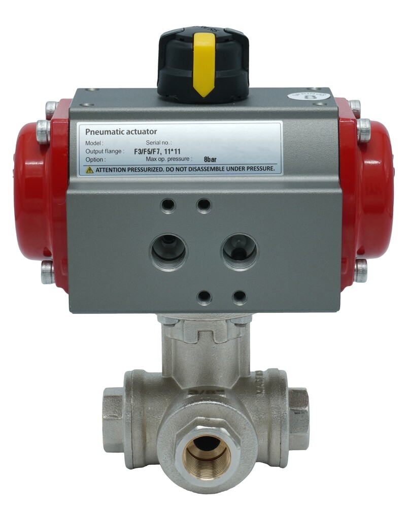 3-Wege Pneumatischer Kugelhahn G1/4'' T-Bohrung Messing Doppelt Wirkend