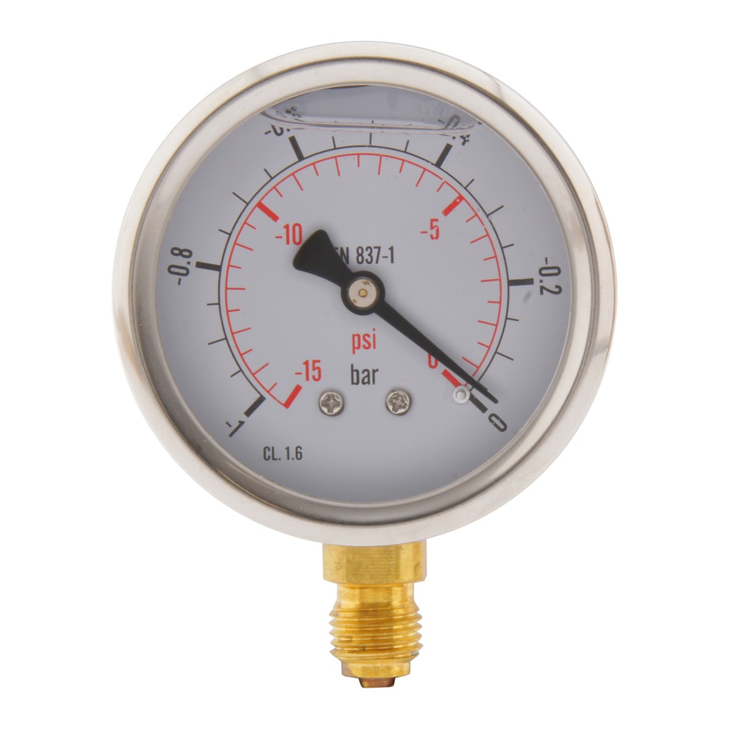 -1..0 Bar (-15..0 psi) Glycerin Pressure Gauge Below Stainless steel/Brass 63 mm Class 1.6